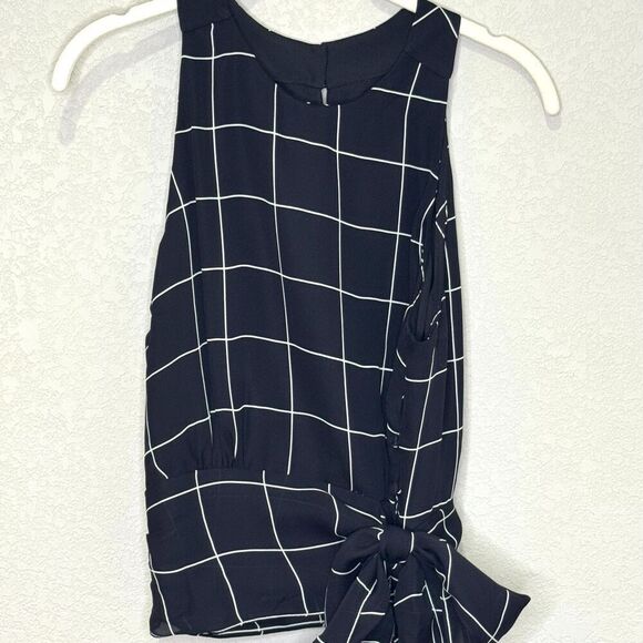 MILLY Top Size 4 Lauren Black White Check Print Silk Sleeveless Lined Tie Waist - Picture 7 of 9
